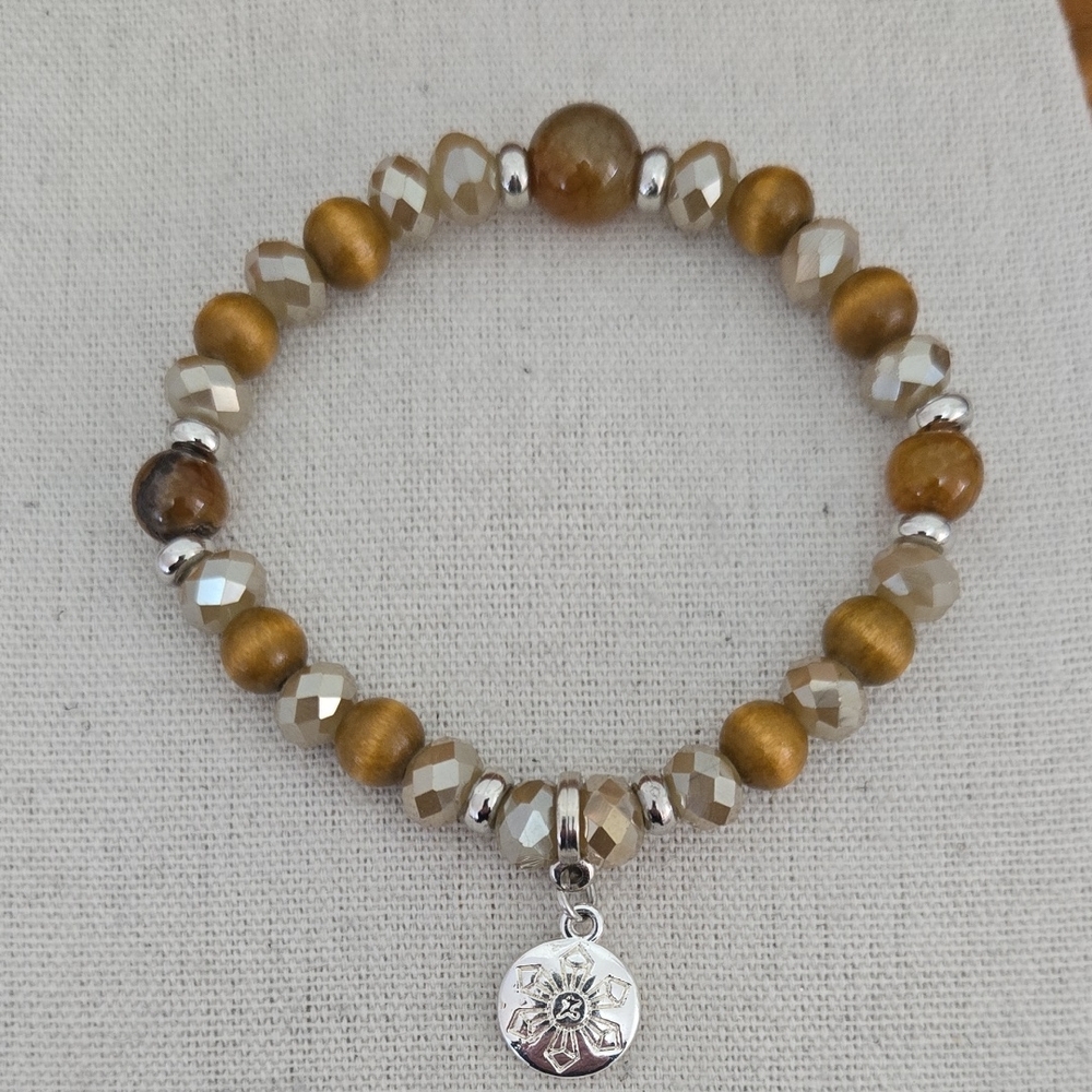Agate/Glass/Wood Bead Stretch Bracelet Silver Charm